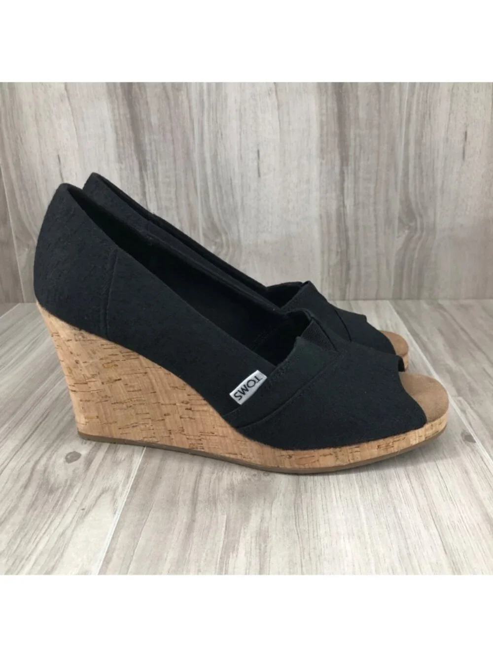 Toms Wedges Womens 8 Black Slip On Peep Toe Cork Wedge Shoes